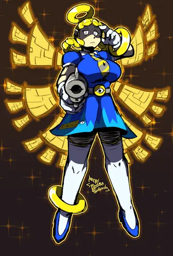 A floating woman with a gun in her right hand has it pointed at the viewer while staring with vague disgust and disinterest. Her left holds her head, with a giant halo around it, and another halo floating above her head. Her hair is braided to go around her head and loop once more. She has a blue dress with a short skirt and tie. Another halo circles her right leg. Six golden wings of unknown type are glowing behind her. Her belt and dress each have an eye, staring at the viewer. Her dress's marking next to the eye on it, reads: 'DIVINE'.